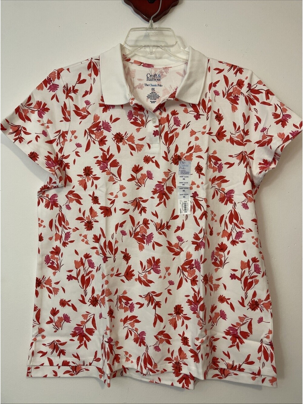 Croft & Barrow Womens XXL White Floral Collared Cotton Classic Polo NWT! A2325